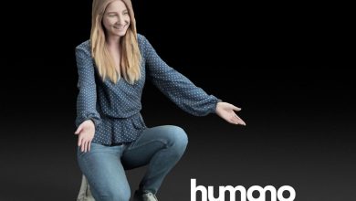 Humano Casual woman in a blue blouse squat and welcoming 0206 3D model free download