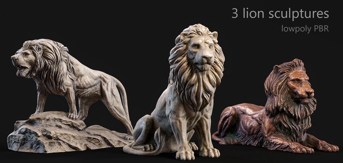 Cgtrader – 3 lions PBR lowpoly models collection