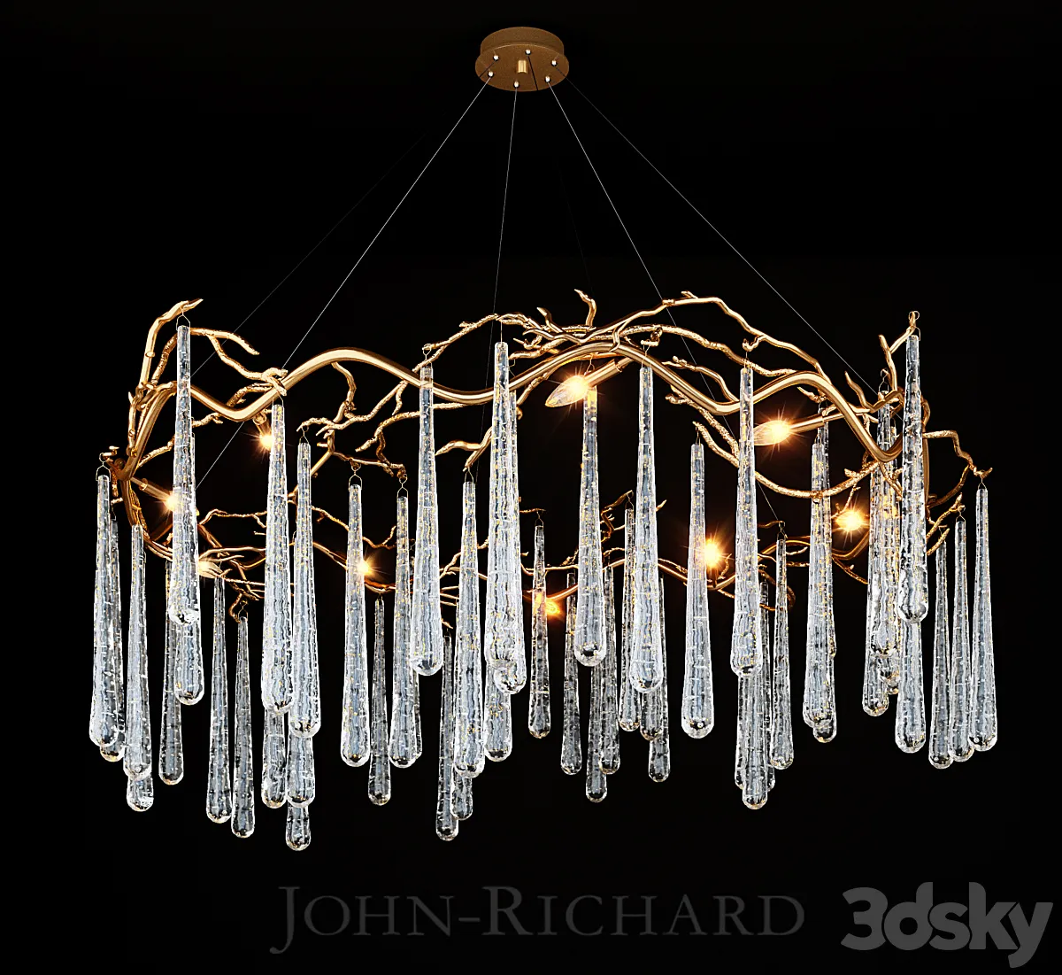 John Richard Brass and Glass Teardrop Eight-Light Chandelier