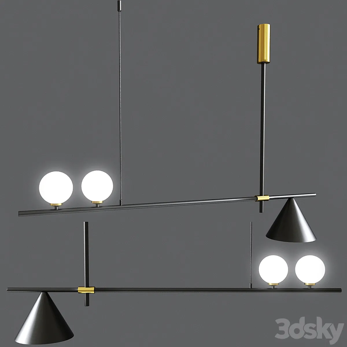 Mid Century Modern 3 Light Chandelier With Cone - Pendant light - 3D model