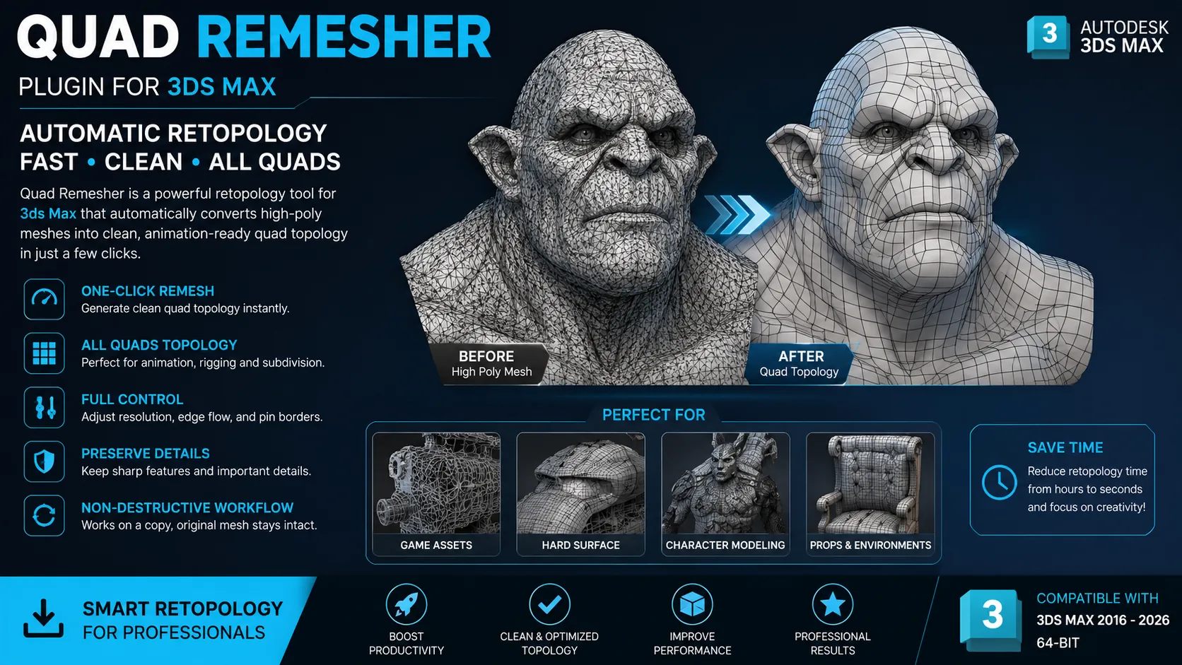 Exoside Quad Remesher v1.4.0 for 3ds Max 2025-2026 Win free download