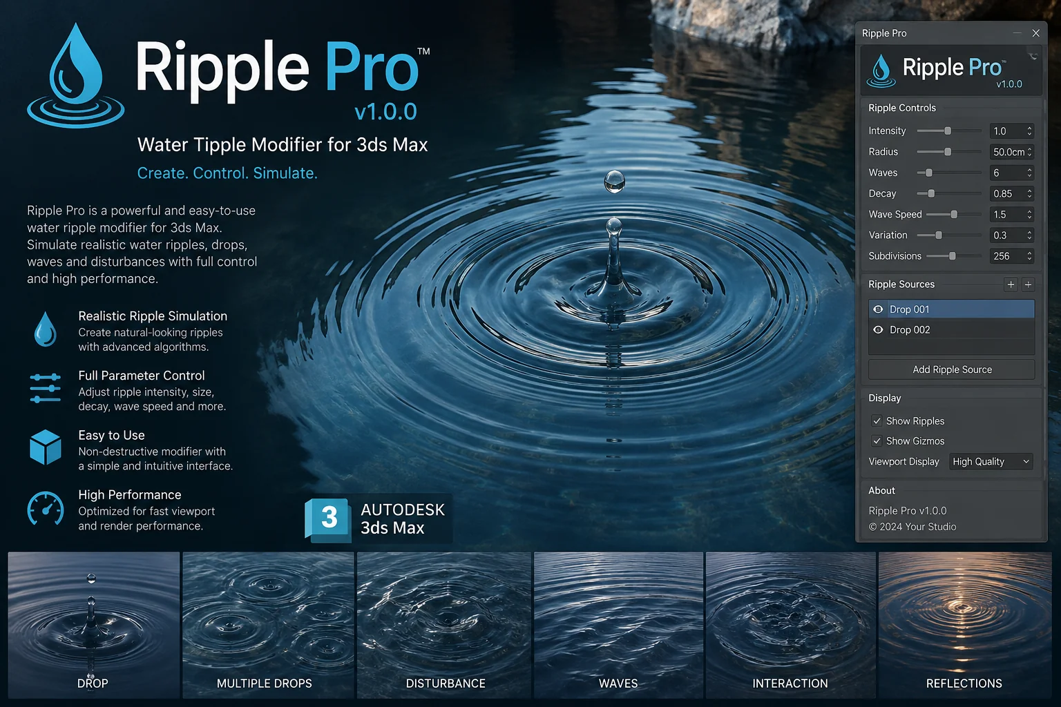Ripple Pro v1.0.0 - Water Tipple Modifier for 3ds Max 2024-2027 Win